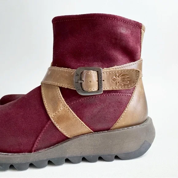 Fly London Sake Suede Wedge Ankle Boot Burgundy Brown Artsy Boho US 9 EU 39 - Picture 4 of 9